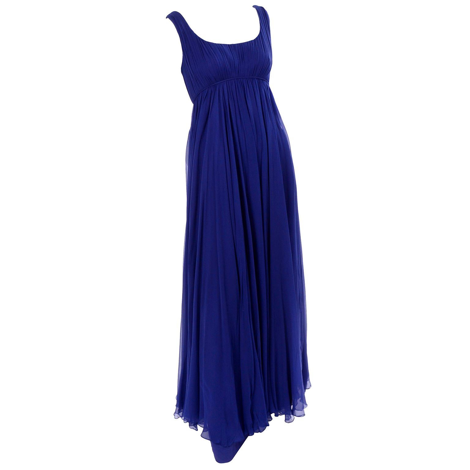 1960s Vintage Malcolm Starr Blue Silk Chiffon Empire Waist Dress