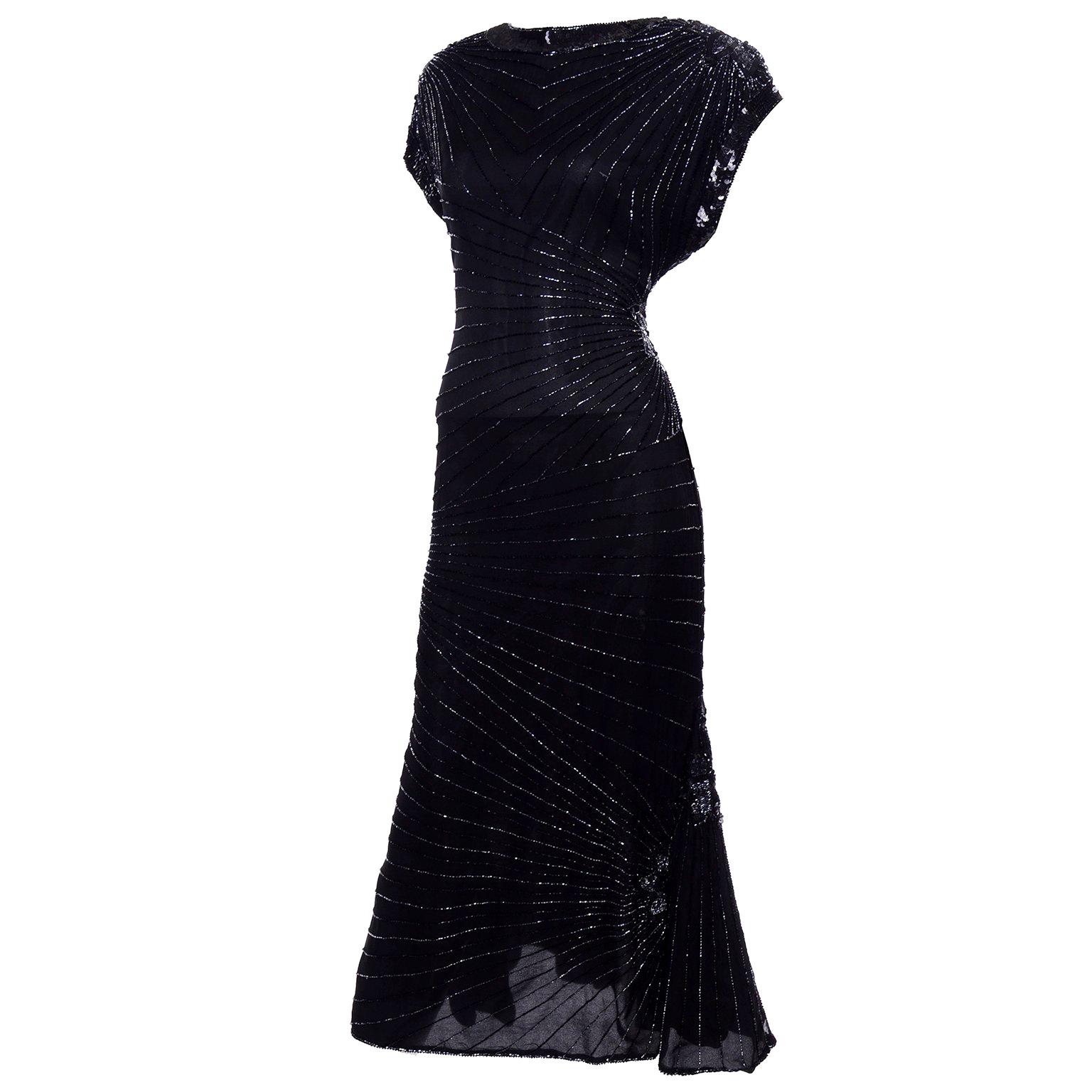 Art Deco Style 1980s Heavily Beaded Vintage Black Silk Evening Dress