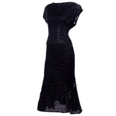 Art Deco Style 1980s Heavily Beaded Retro Black Silk Evening Dress