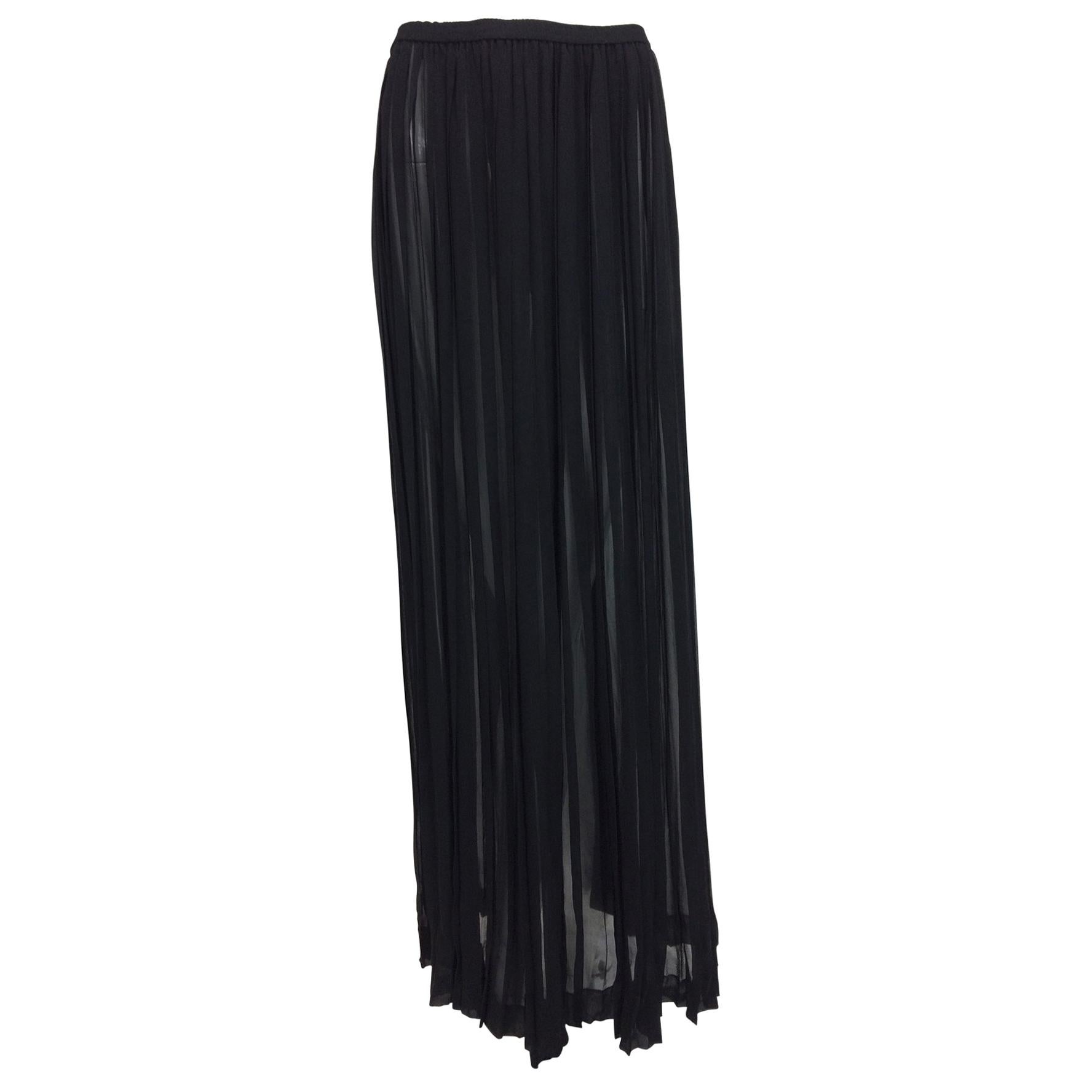 Yves Saint Laurent Black Silk Chiffon Knife Pleated Maxi Skirt Vintage 1970s