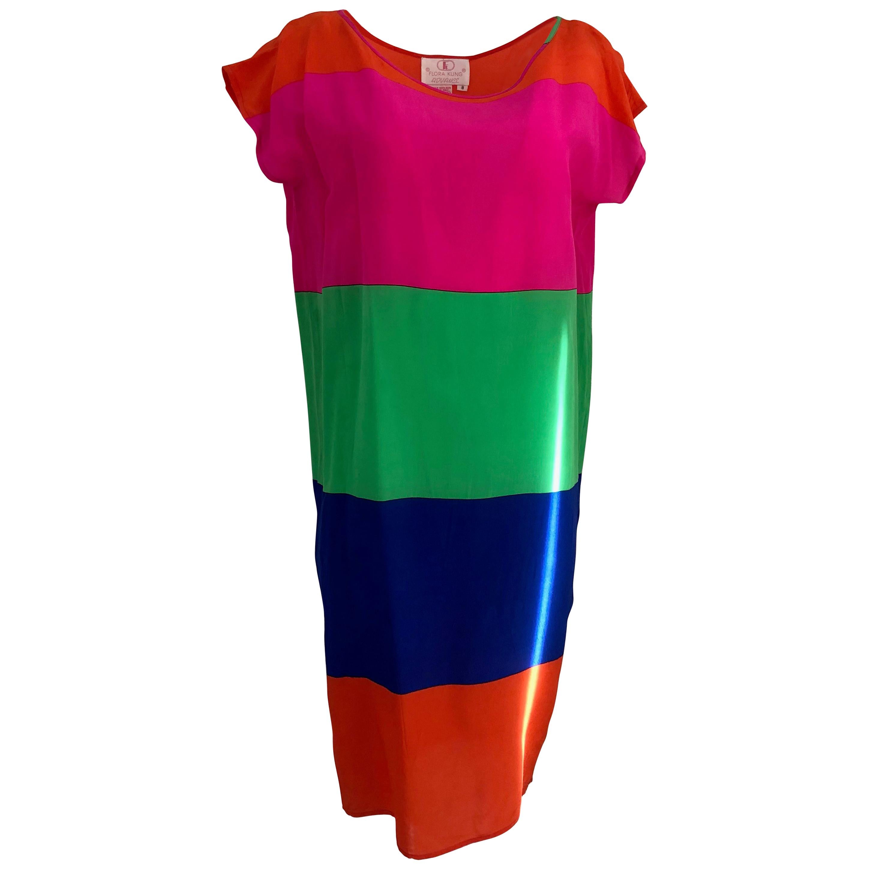 Bold neon color block silk crepe statement Tee Dress Flora Kung NWT