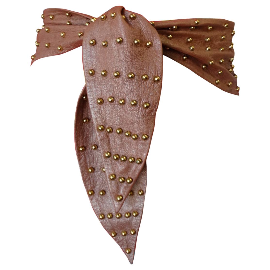 1980s Dusty Rose Leather & Gold Studded Tie Belt 