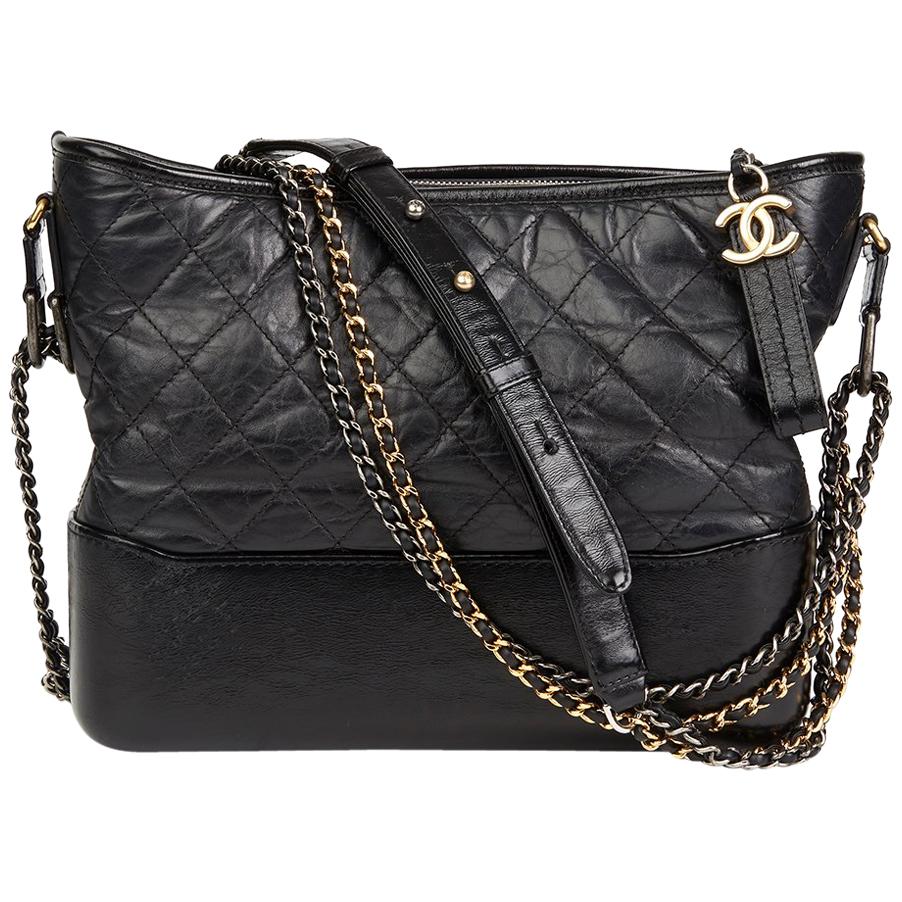 2018 Chanel Black Quilted Aged Calfskin Leather Gabrielle Hobo Bag