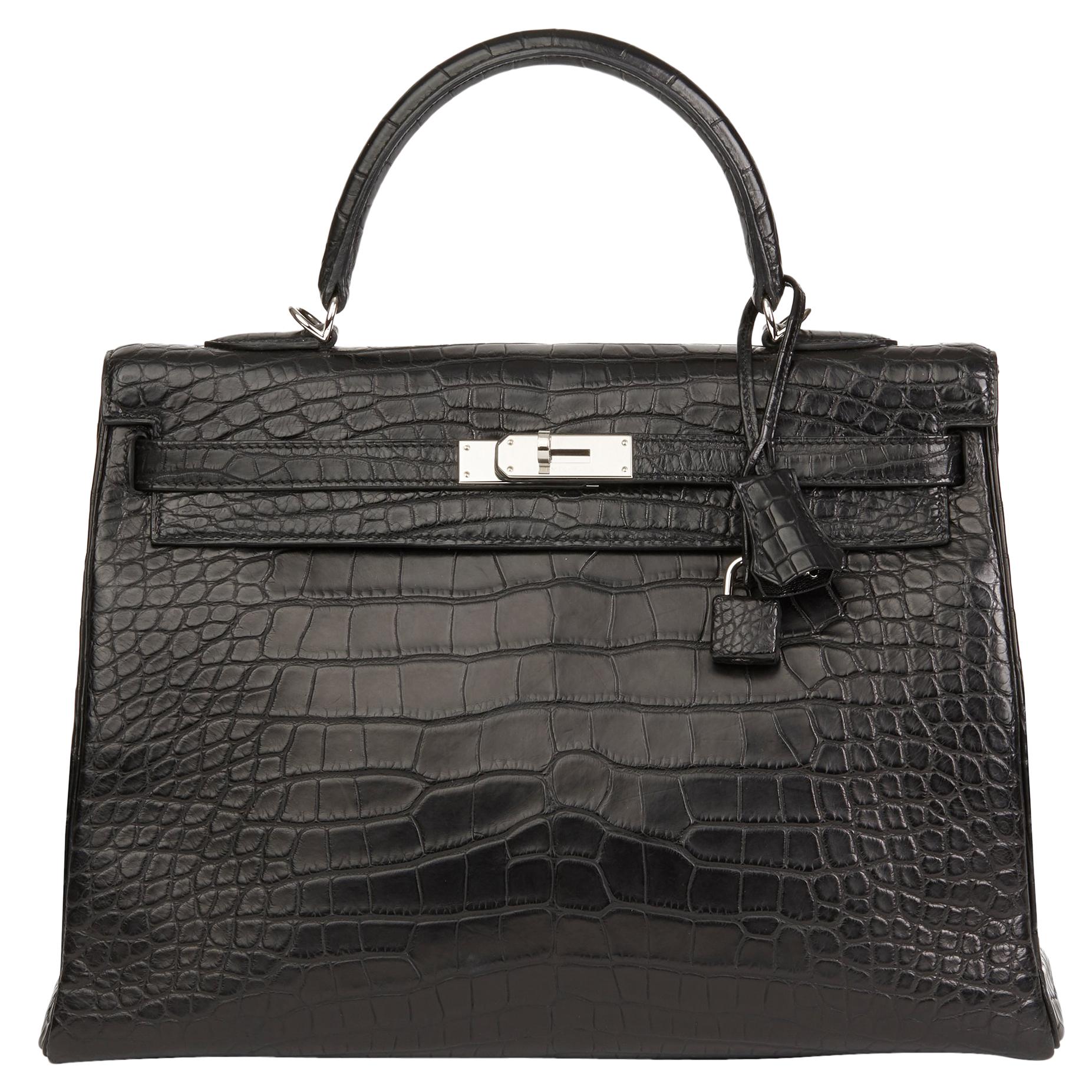 2014 Hermes Black Matte Mississippiensis Alligator Leather Kelly 35cm Retourne