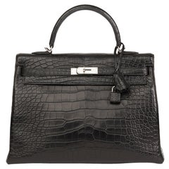 2014 Hermes Black Matte Mississippiensis Alligator Leather Kelly 35cm Retourne