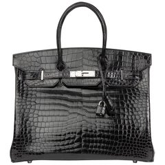 2003 Hermes Black Shiny Porosus Crocodile Leather Birkin 35cm