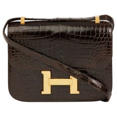 hermes 1980's Marron Fonce Shiny Caiman Crocodile Leather Vintage Constance 24