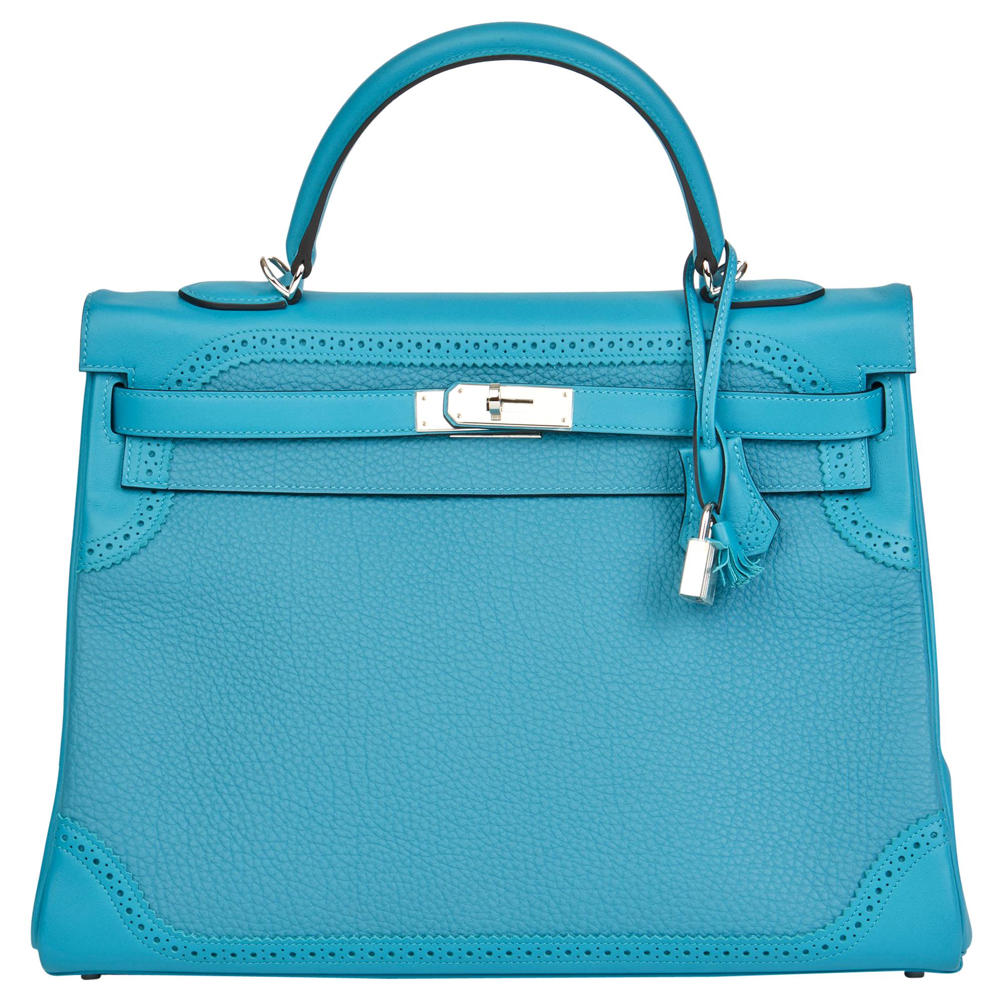 2014 Hermes Turquoise Togo & Swift Leather Ghillies Kelly 35cm Retourne
