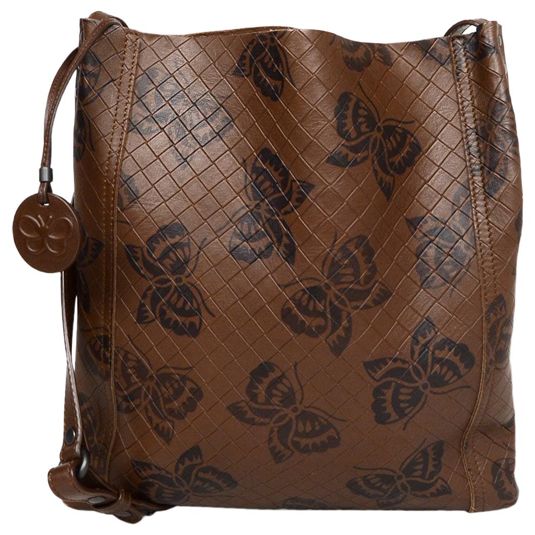 Bottega Veneta Brown Leather Embossed Woven Butterfly Messenger/Crossbody Bag