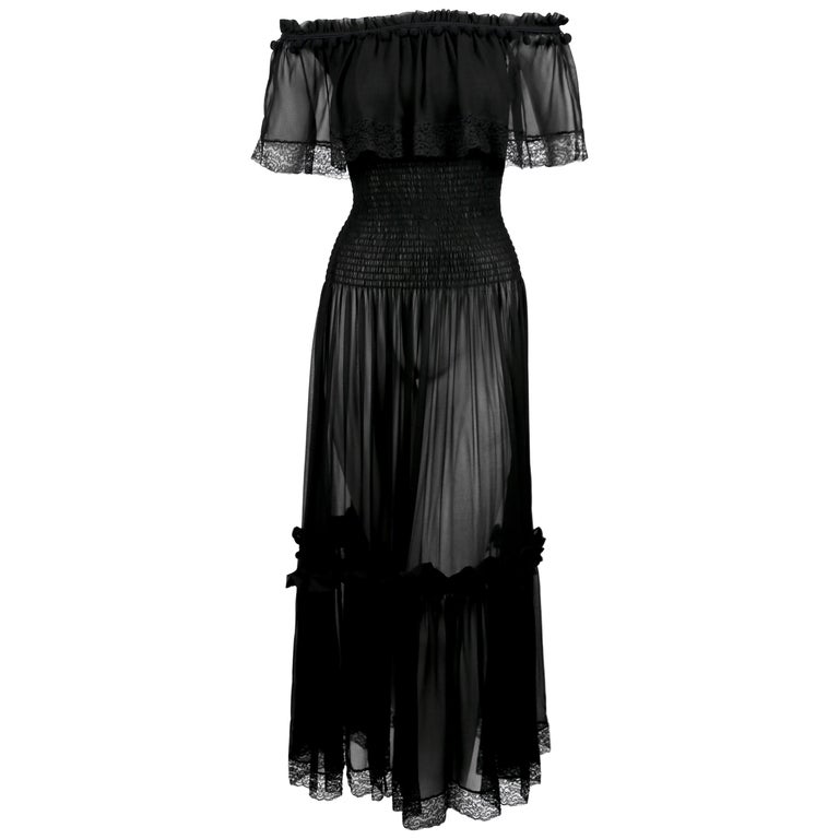 1970'S YVES SAINT LAURENT Black Chiffon Peasant Dress For Sale at 1stDibs