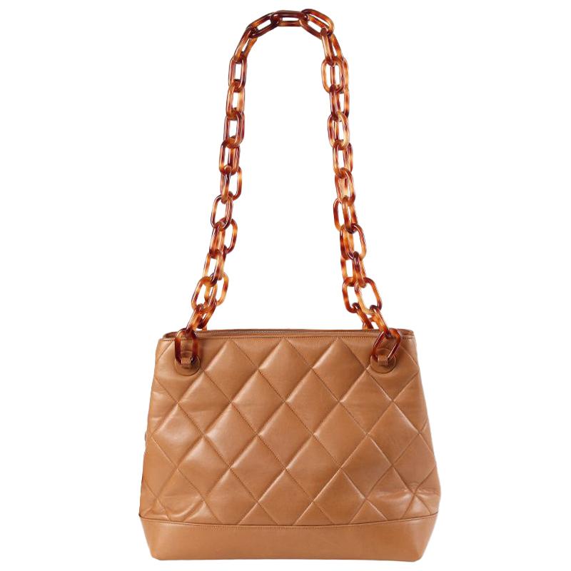 Chanel camel brown quilted leather VINTAGE TORTOISESHELL STRAP Shoulder Bag