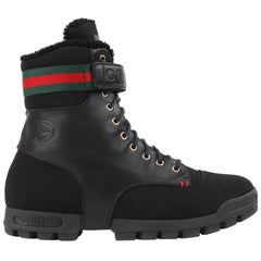 GUCCI Black Leather Signature Webbing Shearling Lined Combat Boots