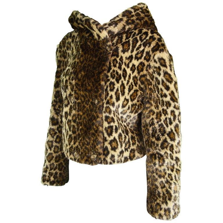 Krizia Vintage Faux Fur Leopard Animal Print Hooded Crop Coat Jacket ...