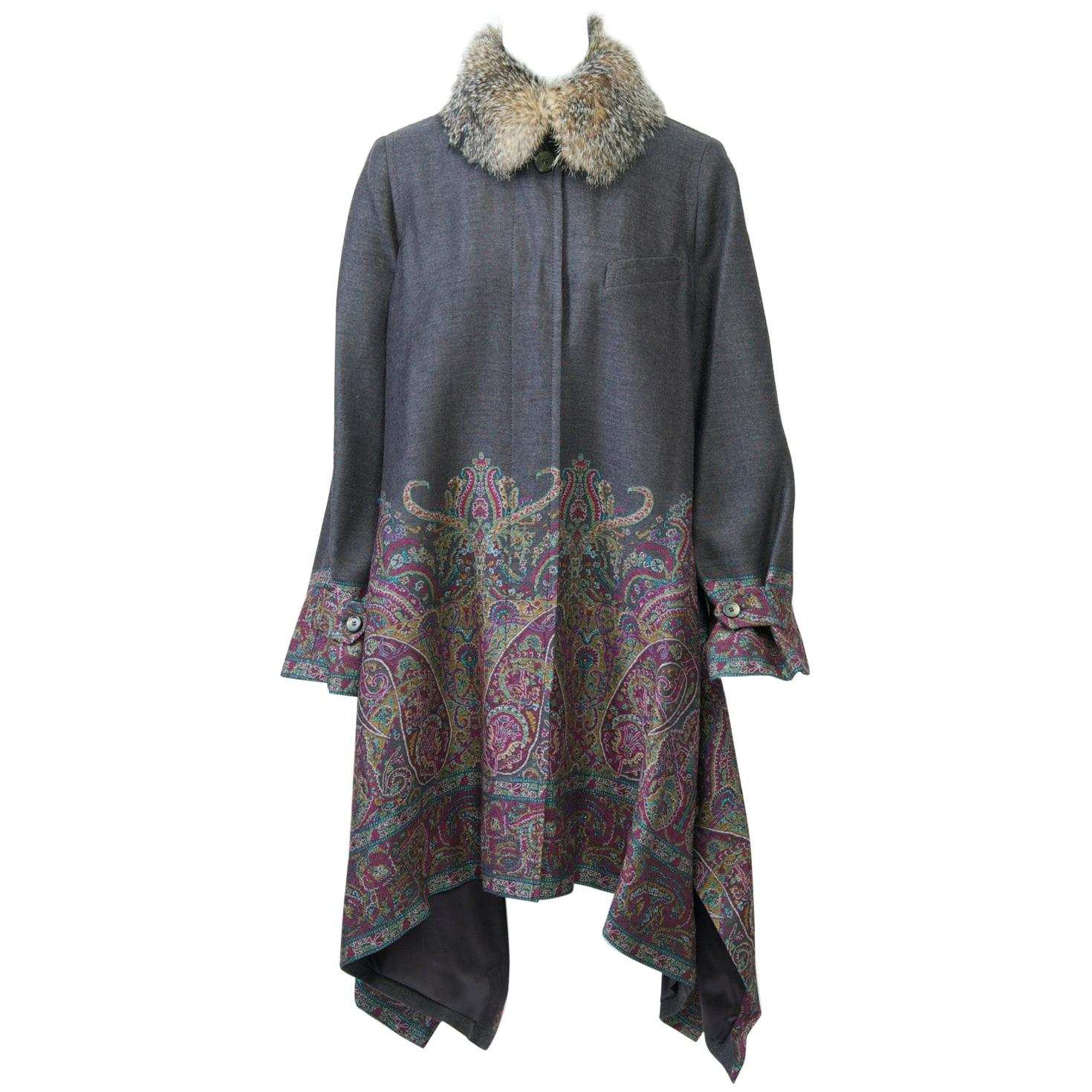 Etro Gray Wool/Paisley Coat with Handkerchief Hem