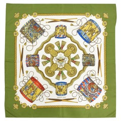 Hermes Les Tambours Olive Green 90cm Silk Scarf