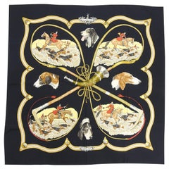 Hermes Le Laisser Courre Black Hunting Dogs 90cm Silk Scarf