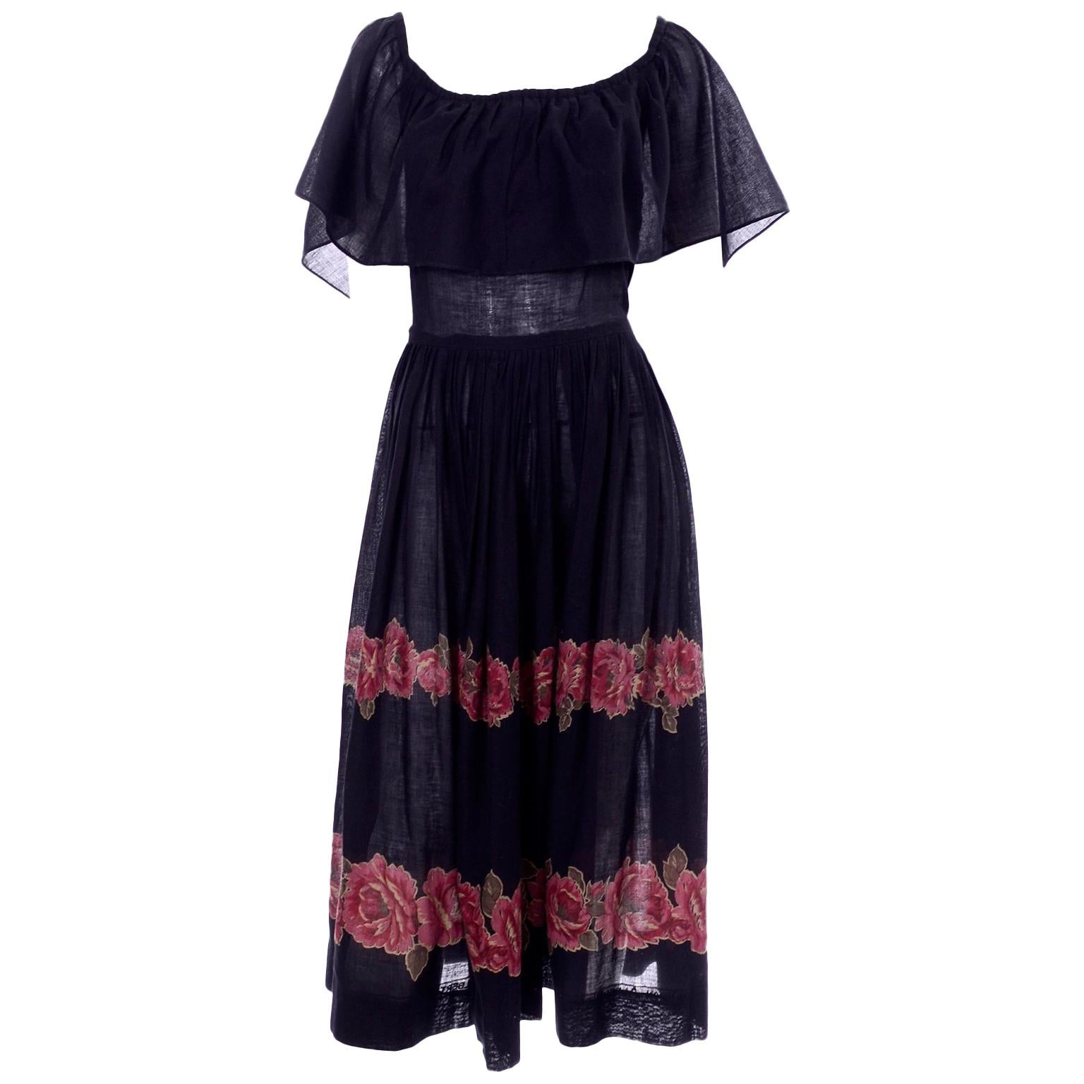 Vintage Albert Nipon Black Off Shoulder Cotton Voile Dress With Red Rose Print