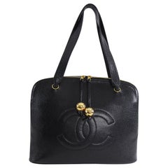 Chanel Vintage Black Caviar Leather CC Logo Zip Top Bag