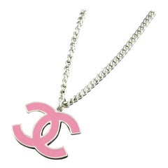 Chanel 04P Silver and Pink Enamel CC Pendant Necklace