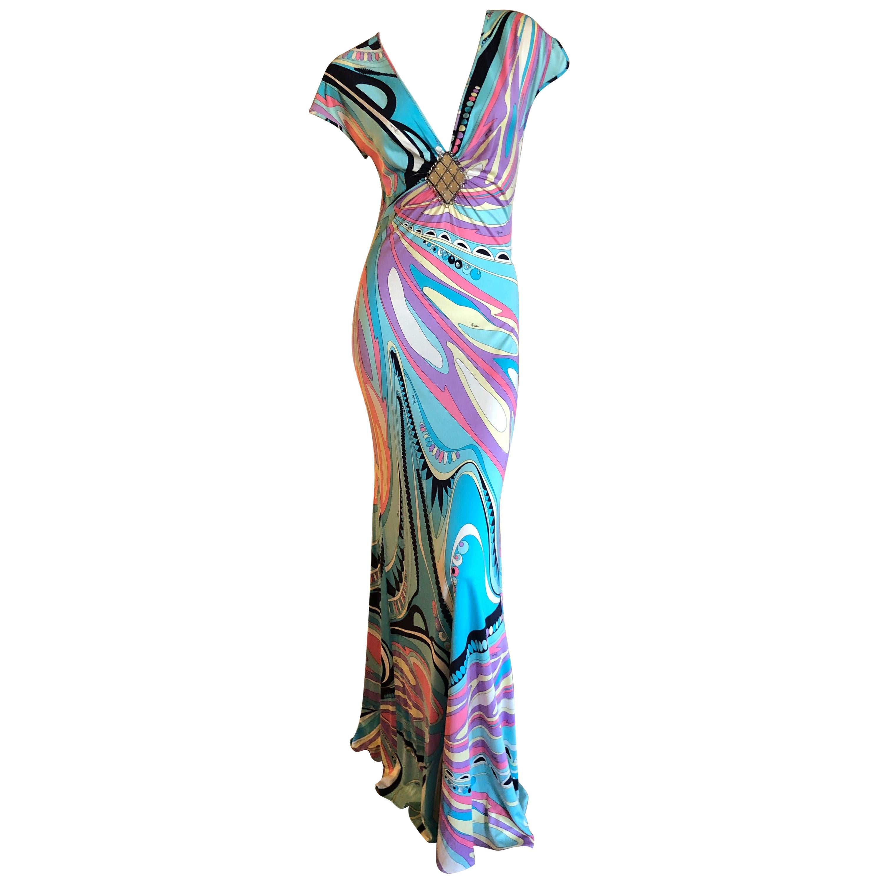 Emilio Pucci Wonderful Low Cut Embellished Silk Jersey Evening Dress Size 6  For Sale
