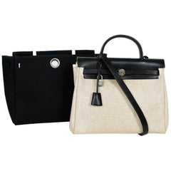 Hermes Herbag PM 2 in 1 Canvas Black Leather Shoulder Bag