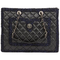 2015 Chanel Black Aged Quilted Calfskin & Navy Tweed Grand Shopping Tote GST