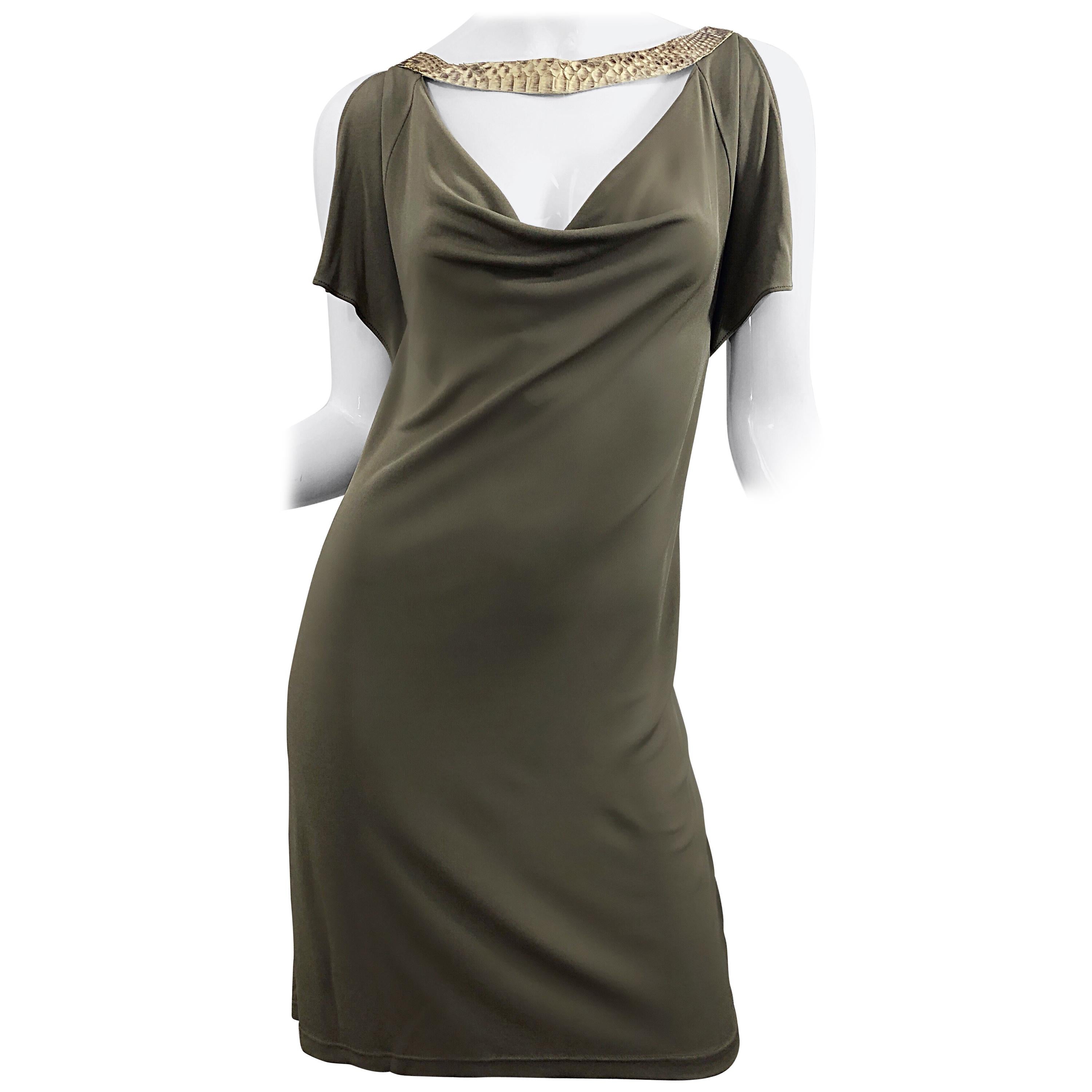 Michael Kors Collection Size 6 Taupe Rayon Jersey + Python Cold Shoulder Dress For Sale