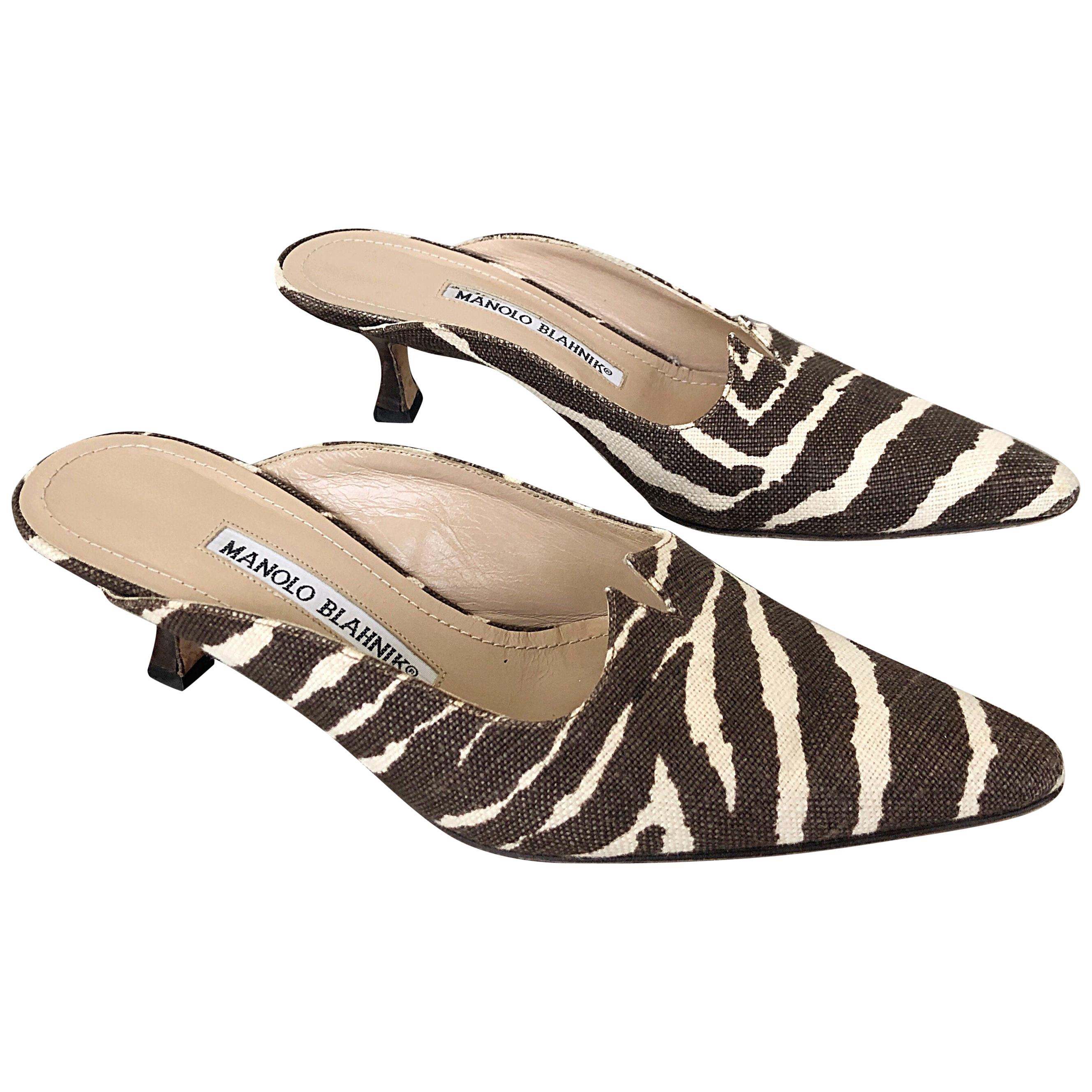 1990s Manolo Blahnik Rare Size 35.5 / 5.5 Brown + Ivory Zebra Kitten Heel Mules