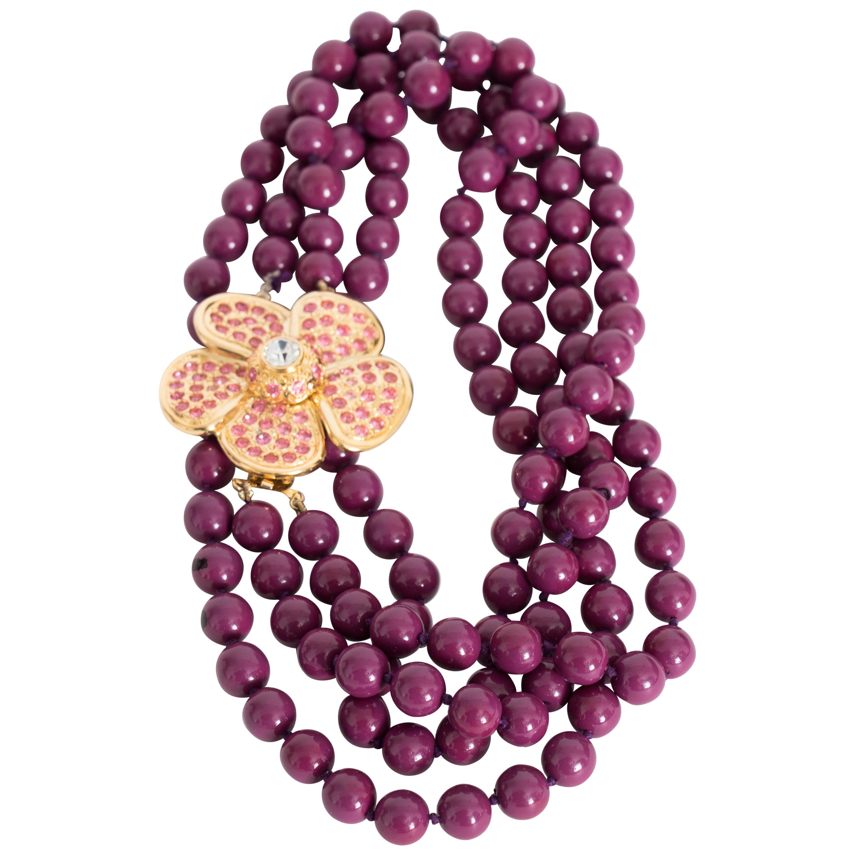 A 1980s Yves Saint laurent Multi-Strand Necklace with Floral Rhinestone Detail For Sale