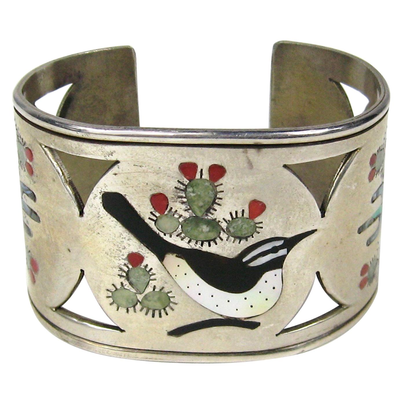  Sterling Silver ZUNI Cuff Bird Cactus Coral Mother of pearl Bracelet