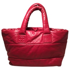 Vintage Chanel Red and Navy Puffy Leather Cocoon Tote Bag