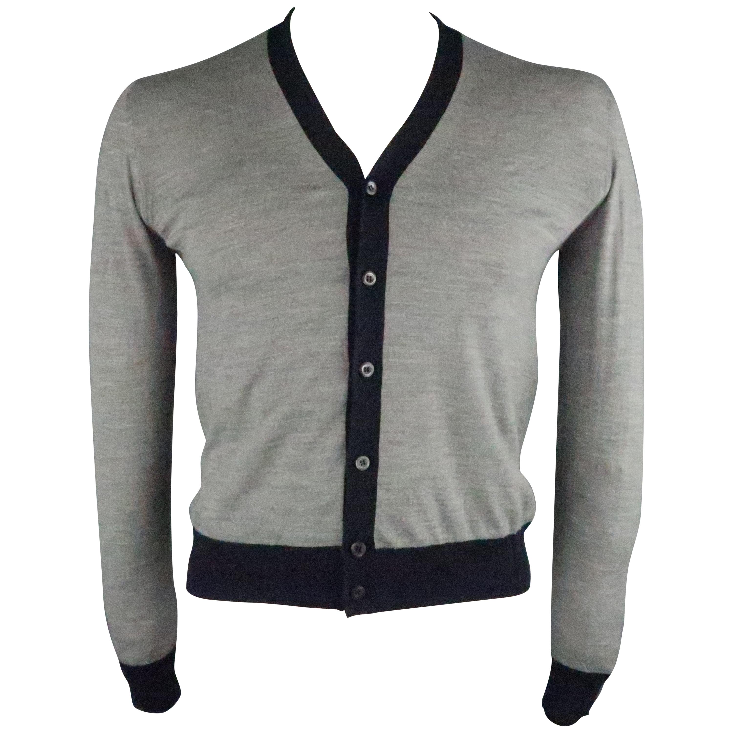 PRADA Size XS Grey & Navy Solid Wool / Silk Buttoned Cardigan