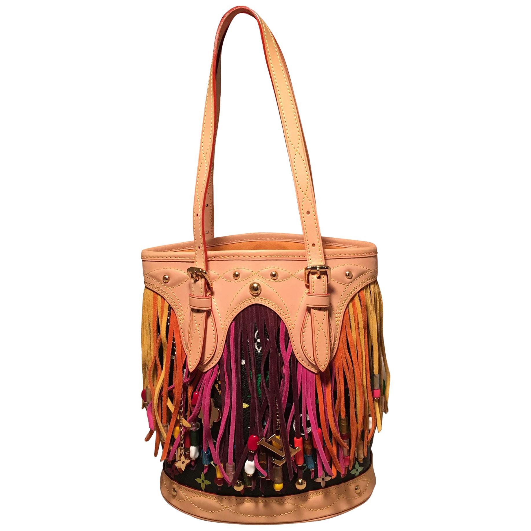Louis Vuitton Limited Edition Black Monogram Multicolor Fringe Bucket Bag  with at 1stDibs
