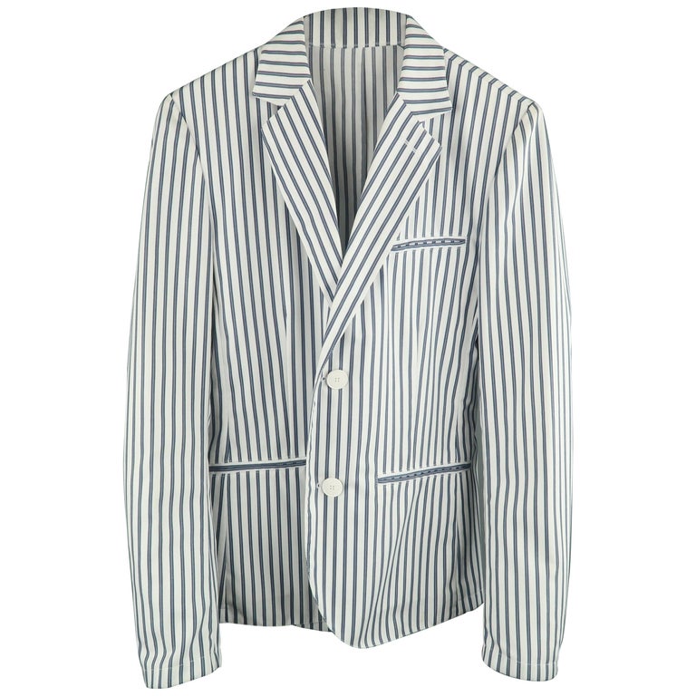 AGNES B. HOMME 36 White and Blue Stripe Polyester / Cotton Notch Lapel ...