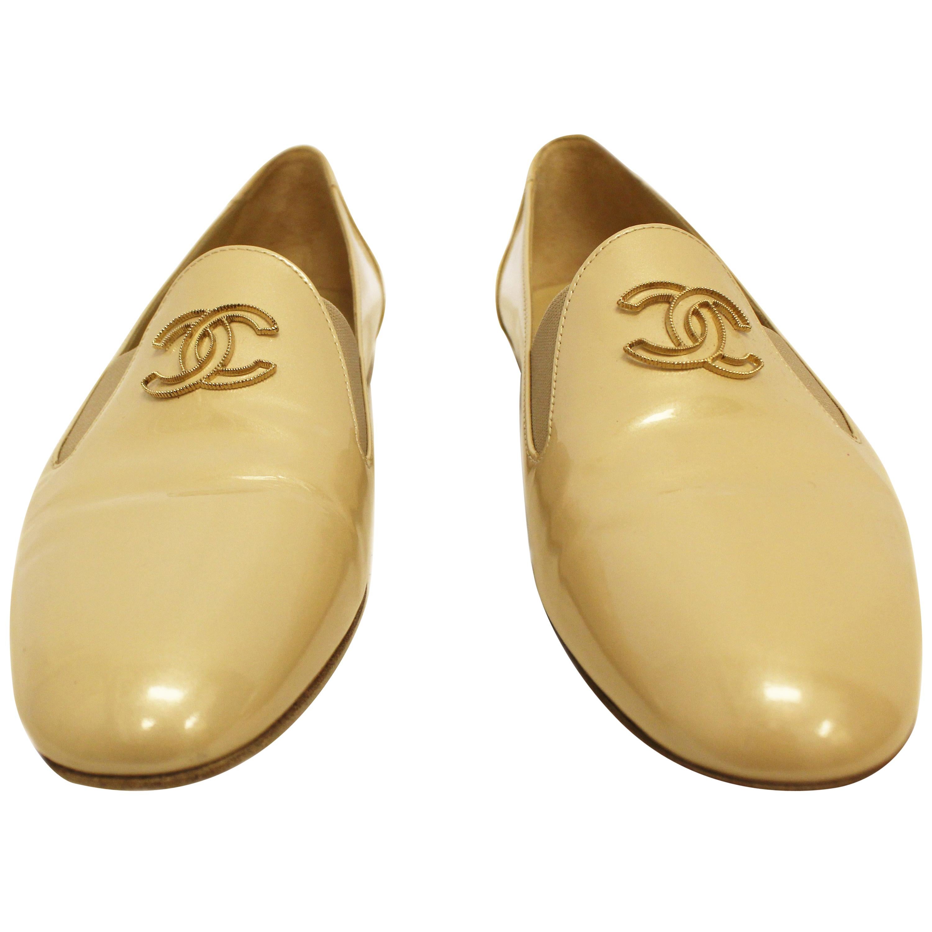 Chanel Pearlized Beige Patent Leather Flat Pumps