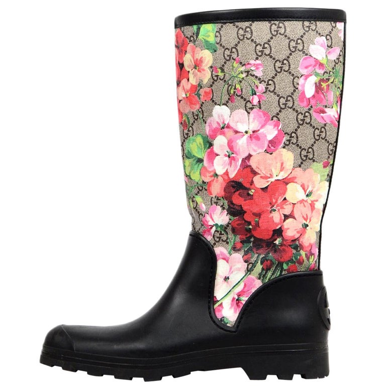 Gucci Ltd Edt Black/Floral Supreme Prato GG Blooms Rubber Rain Boots Sz 38  For Sale at 1stDibs
