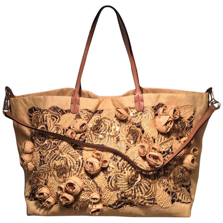 Valentino Beige Canvas Floral Sequin Tote Bag