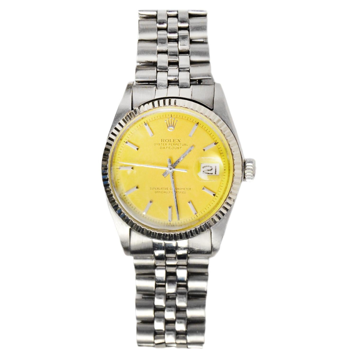 Rolex Vtg 1971 Stainless Steel Oyster Perpetual Date Just Watch W/ Yellow Face