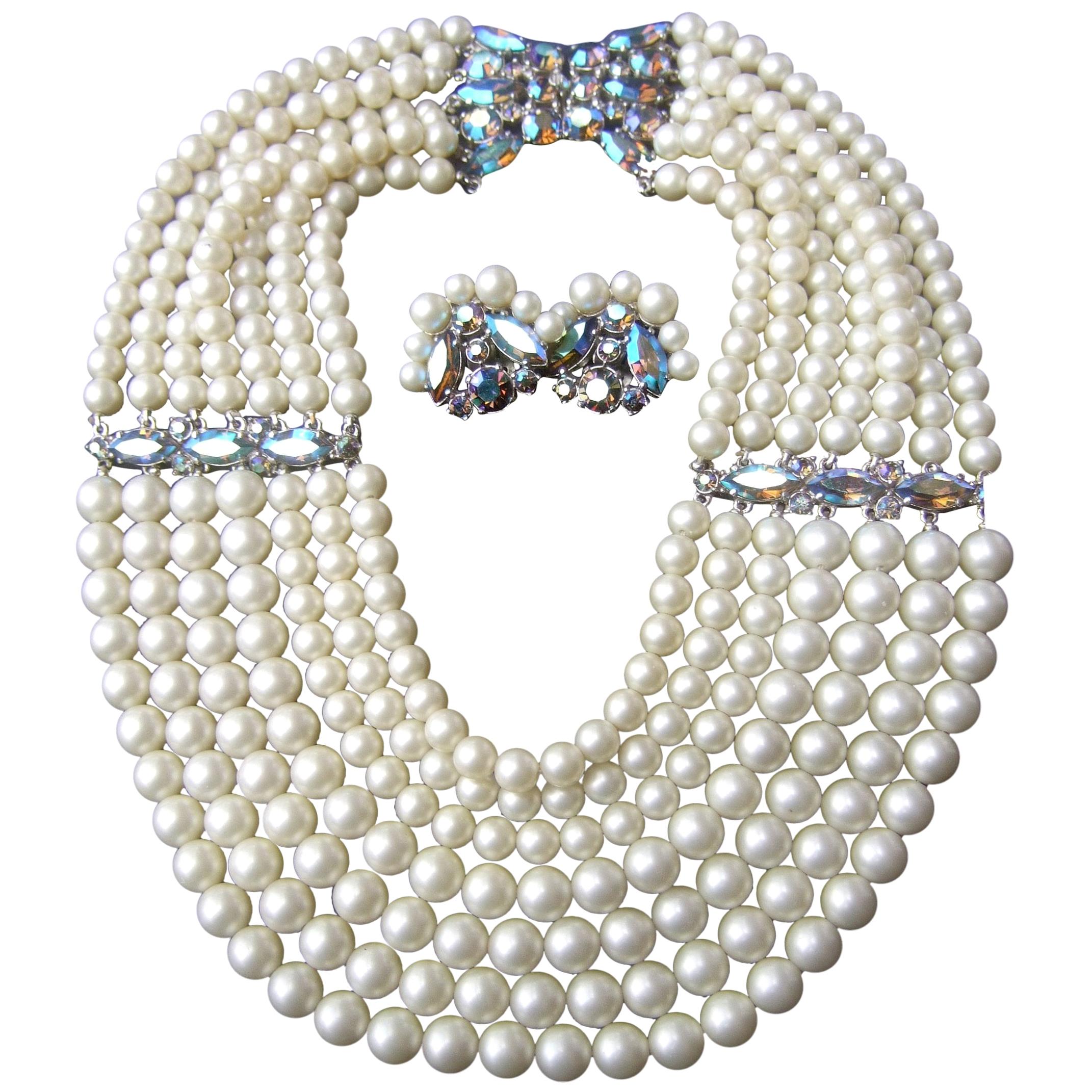 Schiaparelli Dramatic Multi Strand Faux Pearl Necklace & Earring Set c 1960