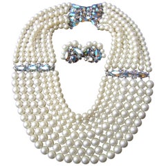 Retro Schiaparelli Dramatic Multi Strand Faux Pearl Necklace & Earring Set c 1960