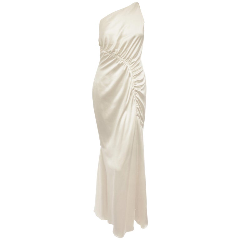 Oscar de la Renta Ivory One Shoulder Silk Charmuese Long Evening Dress ...