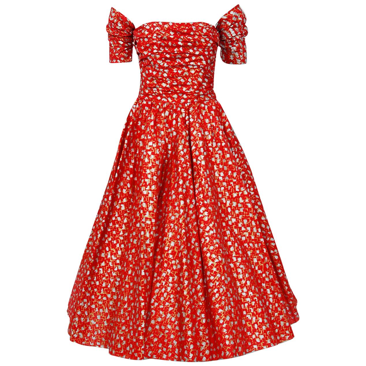 1950's Fred Perlberg Red Atomic Print Metallic Silk Ruched Circle-Skirt Dress 