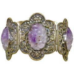 Circa 1930s Chinese Floral Brass and Carved Amethyst Bracelet