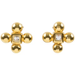 Yves Saint Laurent Paris Clover Clip Earrings Gilt Metal & Glass Rhinestone