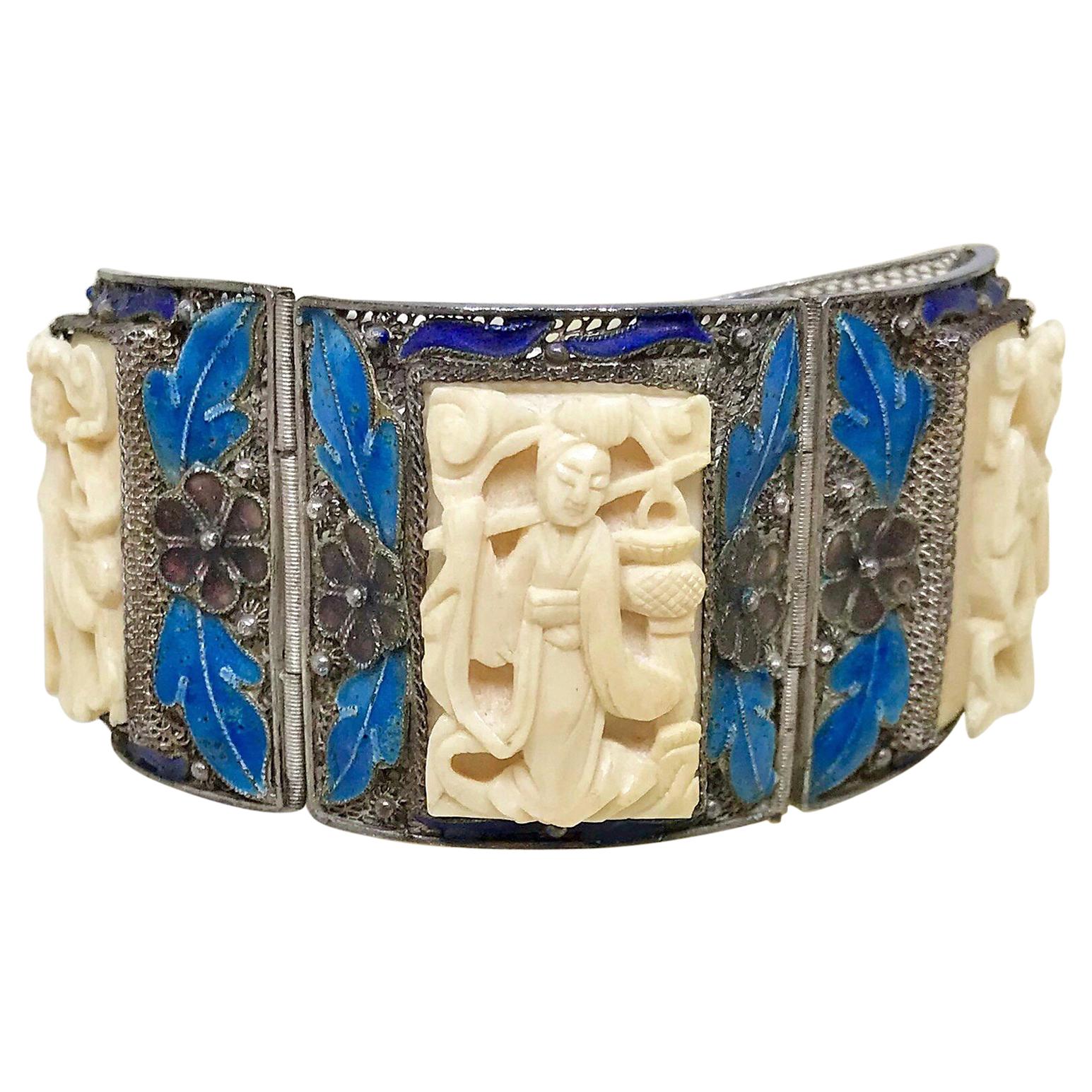 Circa 1940 Chinese Sterling, Enamel and Ox Bone Bracelet For Sale