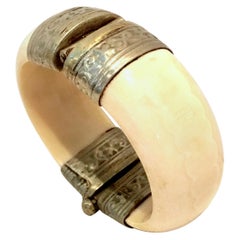 20th Century Silver Plate & Bone Hinge Bangle Bracelet