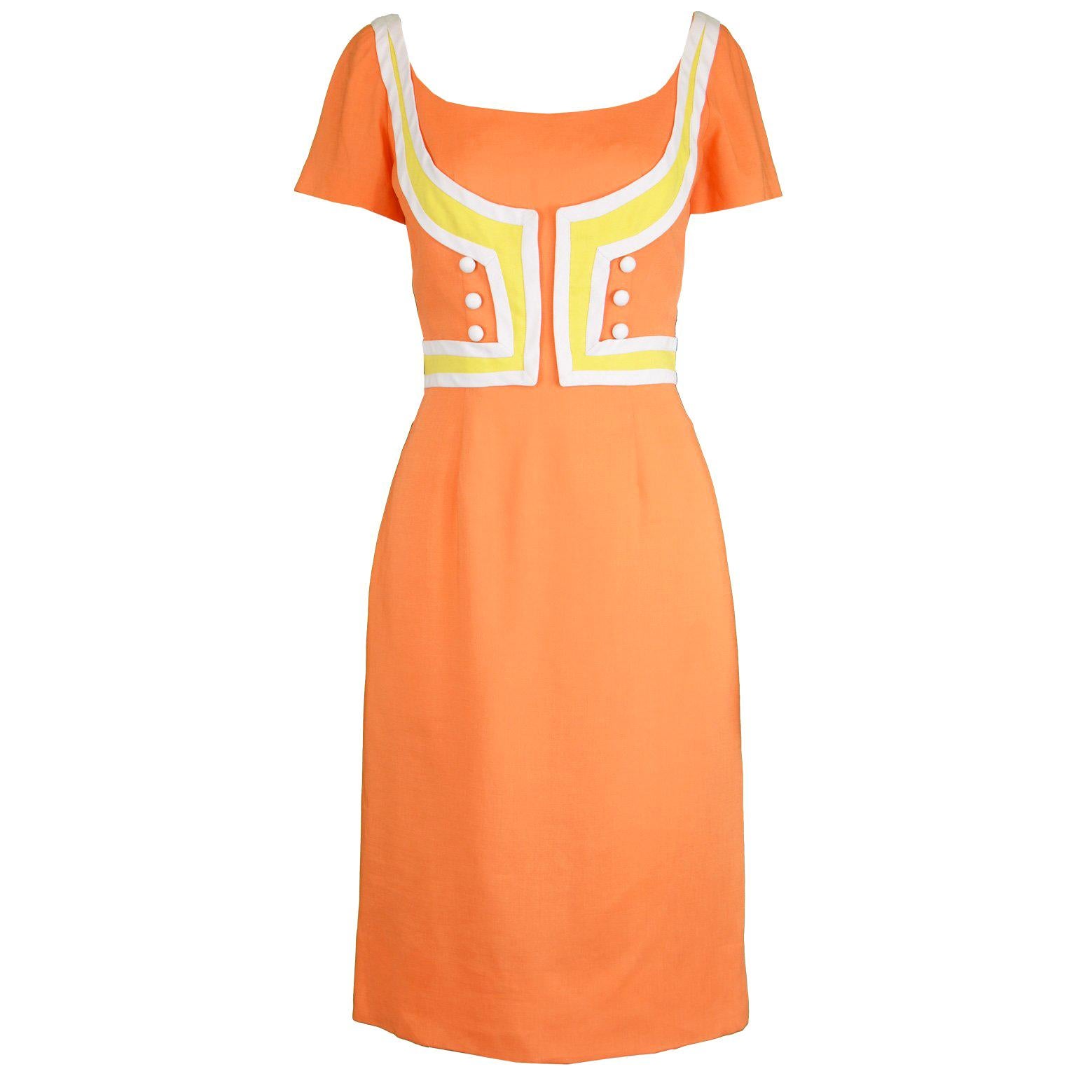 Oleg Cassini Vintage Orange, White & Yellow Linen Short Sleeve Mod Dress, 1960s For Sale