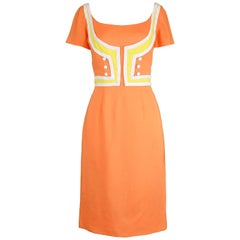 Oleg Cassini Vintage Orange, White & Yellow Linen Short Sleeve Mod Dress, 1960s