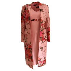 Salmon peach printed silk ensemble - dress with tailor floral coat 