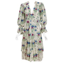 1973 Ossie Clark Couture Celia Birtwell Floral Print Tiered Silk Chiffon Dress